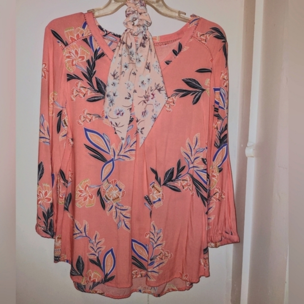 Tropical Print Salmon Pink Blouse + FREE GIFT